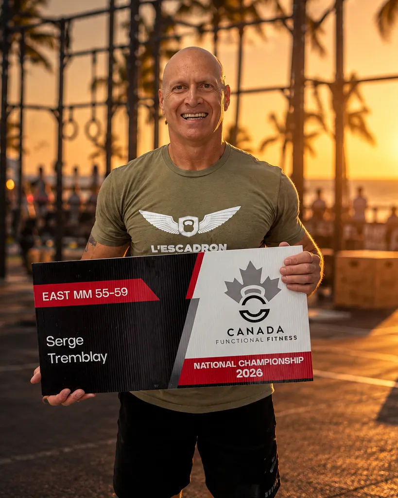 Serge Tremblay, souriant, tient sa pancarte du Championnat national 2026 dans une aire de compétition au coucher du soleil